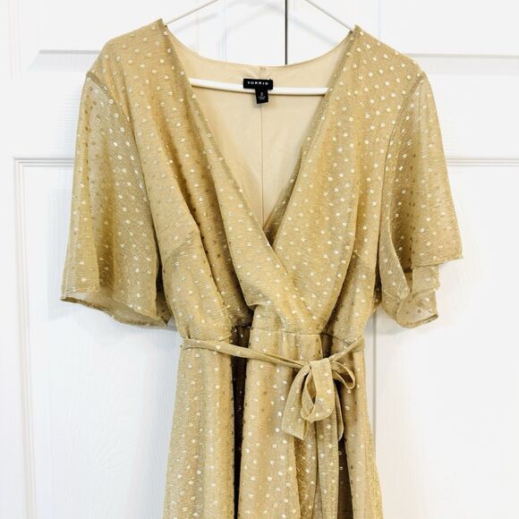 New Torrid Gold Metallic Polka Dot Mesh Wrap Dress Holiday Party Women's Size 2 - Picture 4 of 7